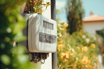 Close-up View Of Electric Meter On Building Facade With Blurred Garden Background, aesthetic look