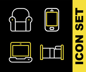 Set line Mobile phone, Bed, Laptop and Armchair icon. Vector