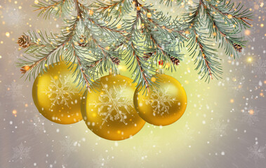 Three large Christmas balls in the snow close-up on fir branches. Beautiful card for the New Year.