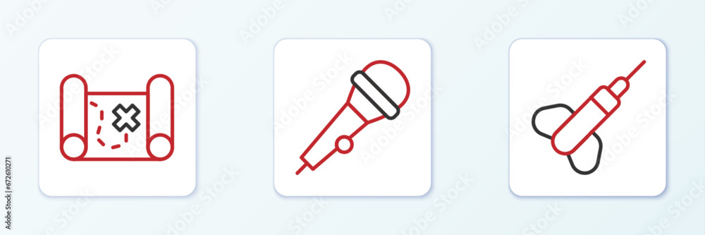 Poster set line dart arrow, pirate treasure map and microphone icon. vector