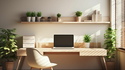 Contemporary home office with minimalistic decor featuring a small wooden desk, AI-generated. - obrazy, fototapety, plakaty