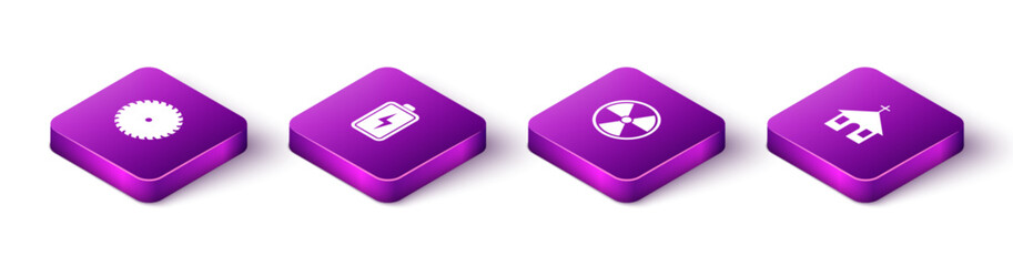 Set Isometric Circular saw blade, Battery, Radioactive and Church building icon. Vector