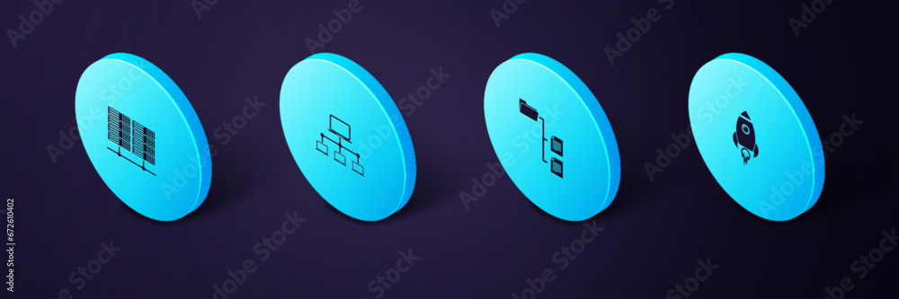 Poster set isometric rocket ship with fire, folder tree, computer network and server, data, web hosting ico