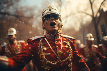 Marching band troops as they march along the street or march as part of a ceremony - obrazy, fototapety, plakaty