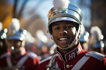 Marching band troops as they march along the street or march as part of a ceremony