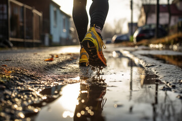 Close up of legs of unrecognizable runner, town, puddle