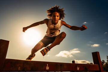 Sportive African teen jumping a fence running