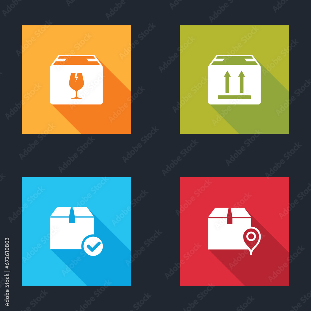 Aufkleber set delivery box with fragile content, cardboard traffic, package check mark and location cardboard 
