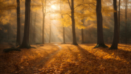 A tranquil, autumnal forest with golden leaves falling. Sunlight filters through the trees, casting a warm, inviting glow.
