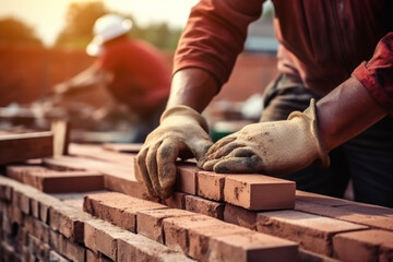 Closeup of industrial bricklayer laying bricks at construction site, Repair building and brickwork, aesthetic look - obrazy, fototapety, plakaty