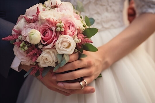 Closeup of hands of bridal unrecognizable couple with wedding rings, bride holds wedding bouquet of flowers
