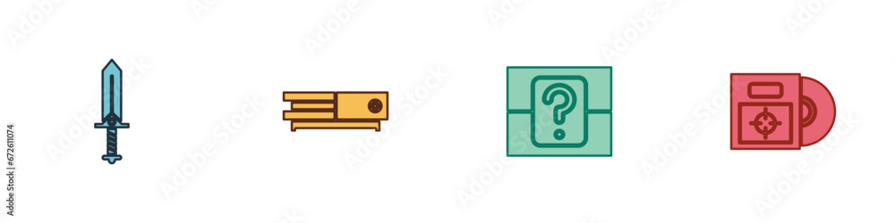 Poster set sword for game, video console, mystery random box and cd dvd disk in icon. vector