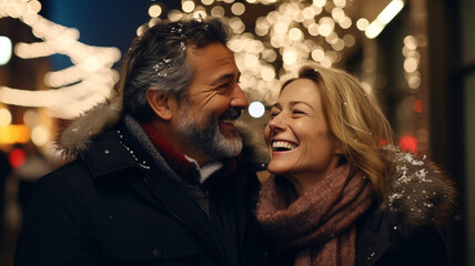 couple in love walks the city at night on the eve of Christmas.