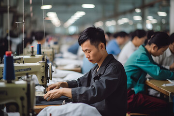 Chinese man sewing in a factory on developing country - obrazy, fototapety, plakaty