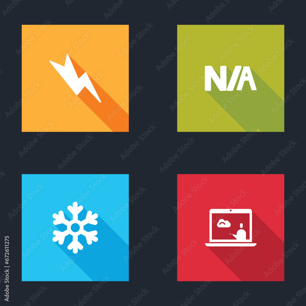 Poster set lightning bolt, not applicable, snowflake and weather forecast icon. vector