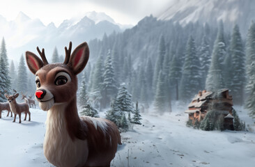 Portrait de Rudolph le renne au nez rouge (Rudy) du traineau du Père Noël à la montagne dans la neige avec d'autres rennes devant la maison du Père Noël et des Lutins - célébrations de fin d'année - obrazy, fototapety, plakaty