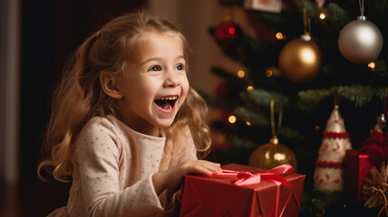 Fototapeta na wymiar A girl is pleased to open a Christmas present.Happy little girl with gift box