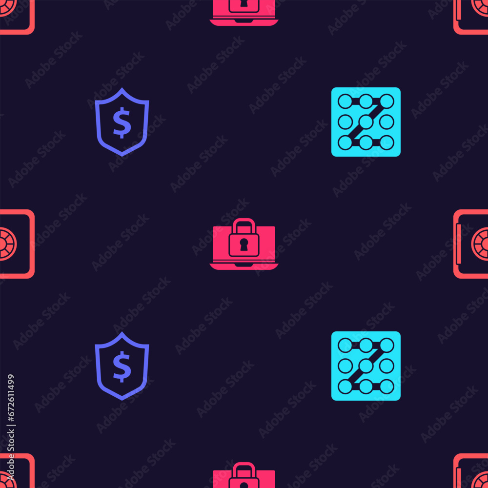 Poster set graphic password protection, shield with dollar, laptop and lock and safe on seamless pattern. v