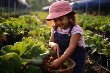 Fototapeta premium Kids plucking strawberries in a farm