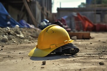Safety on construction site: close-up of a safety helmet laying on a construction site. Generative AI