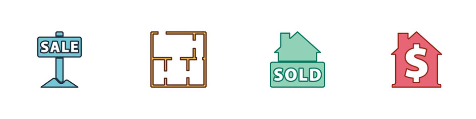 Set Hanging sign with Sale, House plan, text Sold and dollar symbol icon. Vector