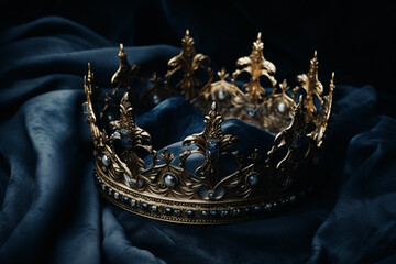 Closeup shot of an elegant crown on the dark blue cloth, aesthetic look