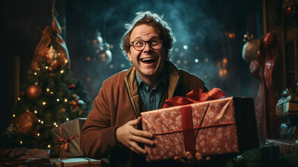 Man is pleased to open a Christmas present.Happy man with gift box - obrazy, fototapety, plakaty