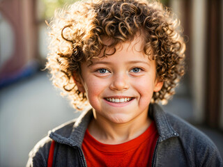 closeup portrait of cute little small age curly hairstyle kindergarten boy