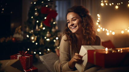 Woman is pleased to open a Christmas present.Happy woman with gift box - obrazy, fototapety, plakaty