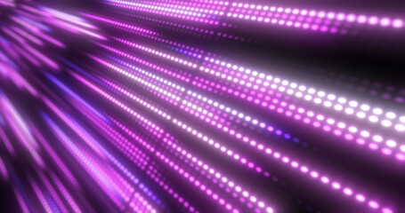 Obraz premium Abstract bright purple background pattern of flying lines of dots and glowing circles of futuristic digital energy magical bright particles