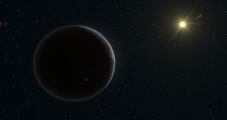 Abstract realistic space spinning planet round sphere with a relief stone surface in space against the background of stars and the sun