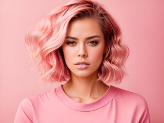 beautiful fashion model woman demonstrating perfect haircut pink stylish hair