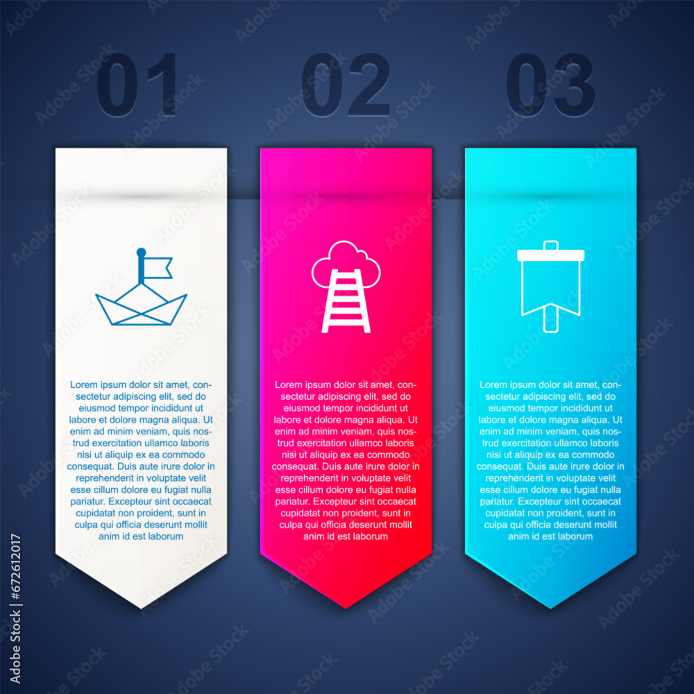 Wall mural set folded paper boat, stair with finish flag and flag. business infographic template. vector