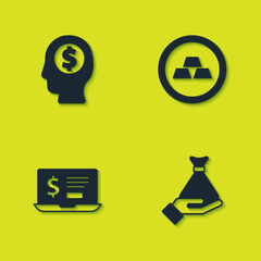 Set Business man planning mind, Money hand, Laptop with dollar and Gold bars icon. Vector