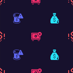 Set Money bag, Drop in crude oil price, Safe and Dollar rate decrease on seamless pattern. Vector