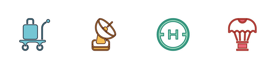 Set Trolley baggage, Radar, Helicopter landing pad and Box flying on parachute icon. Vector
