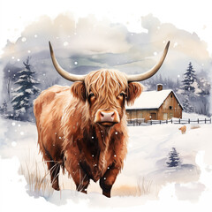 Winter Watercolour illustration of a highland cow standing in the snow, with a house amongst the trees in the background. great for social media, greeting cards