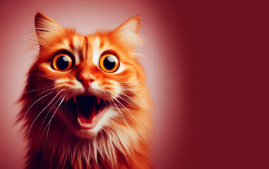 Crazy red cat with big eyes and open mouth on a red background