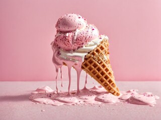 Close-up of melting milk ice cream in a waffle cone - obrazy, fototapety, plakaty