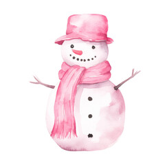 Watercolor illustration of pink snowman isolated on white background.