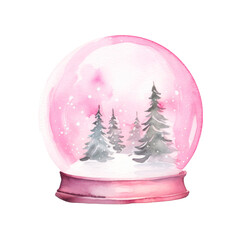 Watercolor illustration of pink snow globe isolated on white background.
