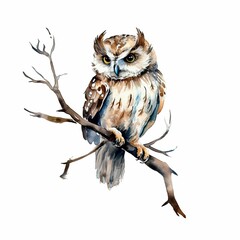 AI generated illustration of a wise owl perched atop a branch of a tree on a white background