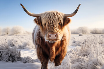 Winter image of a highland cow standing in a field in the snow, great for social media, greeting cards - obrazy, fototapety, plakaty
