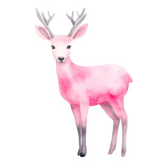 Watercolor illustration of pink reindeer isolated on white background.
