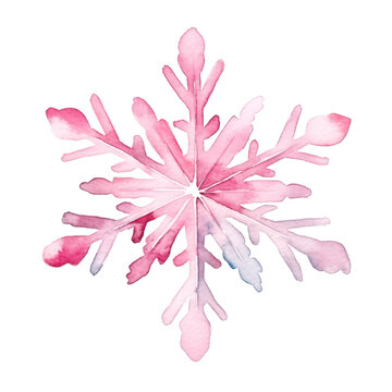 Watercolor illustration of pink snowflake isolated on white background.