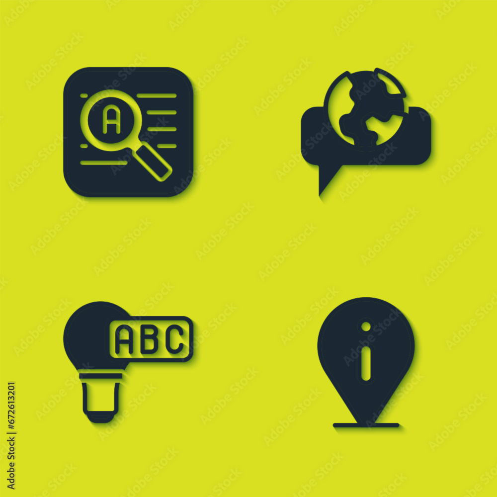 Poster set translator, information, creative lamp light idea and learning foreign languages icon. vector