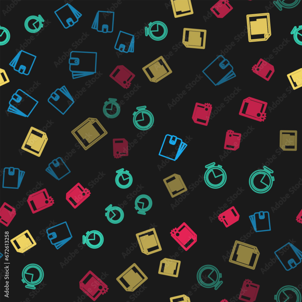 Poster set line wallet, stopwatch, document and certificate template on seamless pattern. vector
