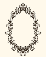 A black and white oval frame with a floral design