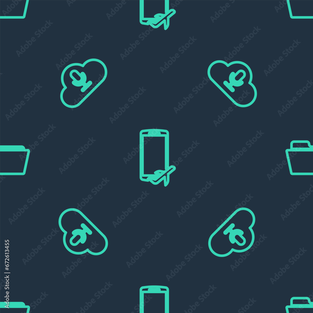 Poster set line flight mode in the mobile, music streaming service and folder on seamless pattern. vector