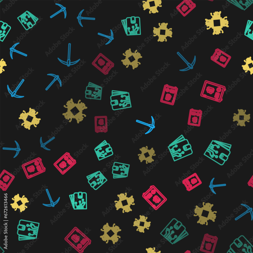 Poster set line pickaxe, cryptocurrency wallet, processor and proof of stake on seamless pattern. vector